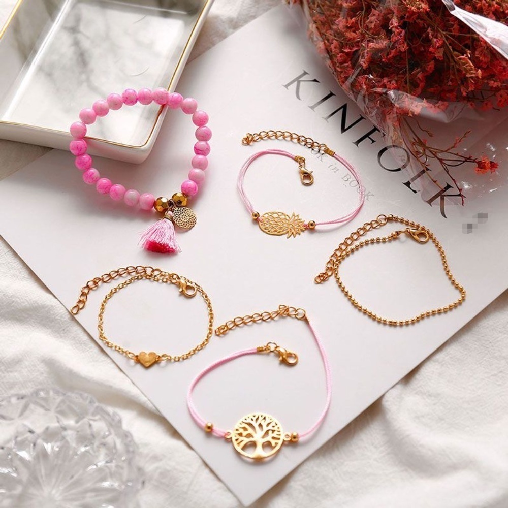 *AMIRA* 5-Pc Gold x Pink Fashion Bracelet Set